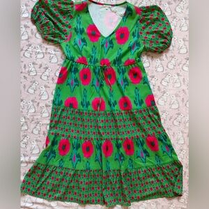 JODIFL Green Dress with Red and Pink Floral Print NWT